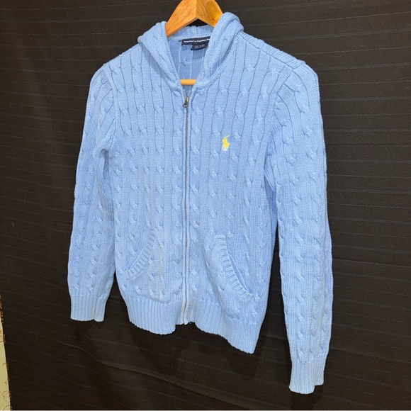 Ralph Lauren Sport Blue Cable Knit Hooded Full Zip Sweater Womens Small - Picture 2 of 11